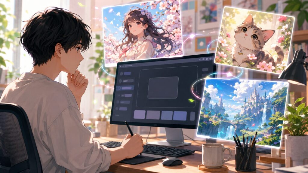 Grokのプロンプト作成でアニメ風キャラクターや猫や風景イラストを生成する作業風景