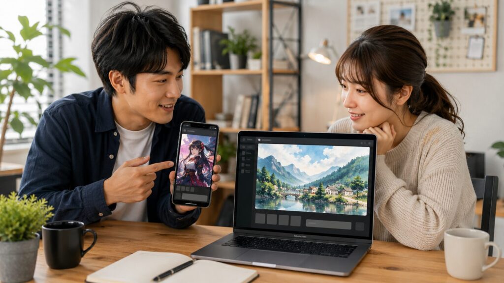 日本人の男女がスマホとPCでGrokの生成イラストを比較している様子