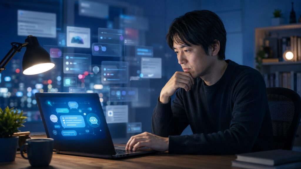 Grokの裏技を調べる日本人男性がAIチャット画面を確認する様子