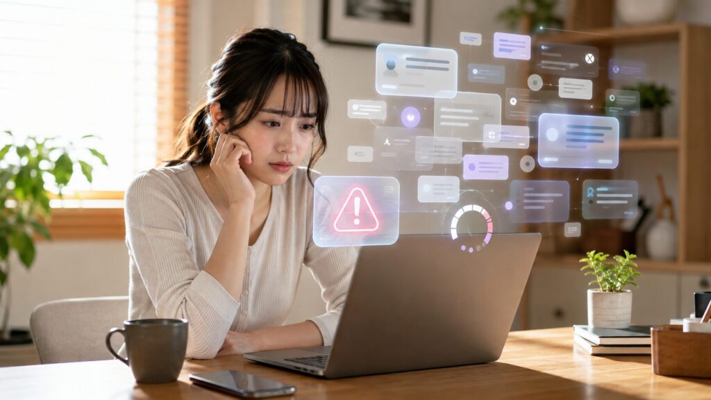 ChatGPTのメモリがいっぱいになり対処法を確認する日本人女性