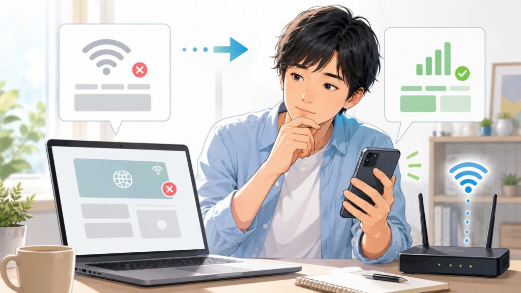 ChatGPTが使えない原因を調べるためWi-Fiとモバイル回線を切り替える男性