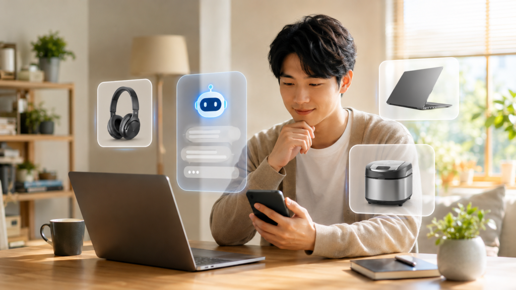 ChatGPTのショッピングアシスタントで商品候補を比較する日本人男性