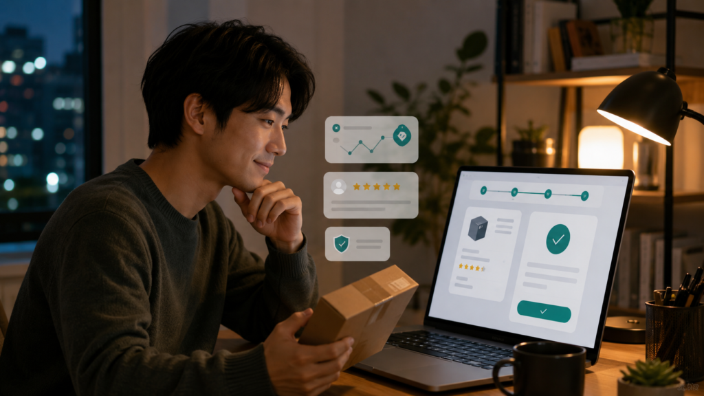 ChatGPTのショッピングアシスタントで価格やレビューを確認して購入する男性