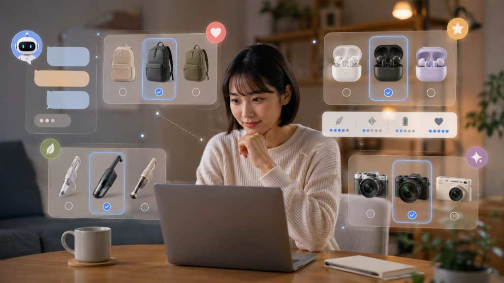 ChatGPTのショッピングアシスタントで条件に合う商品を絞り込む女性