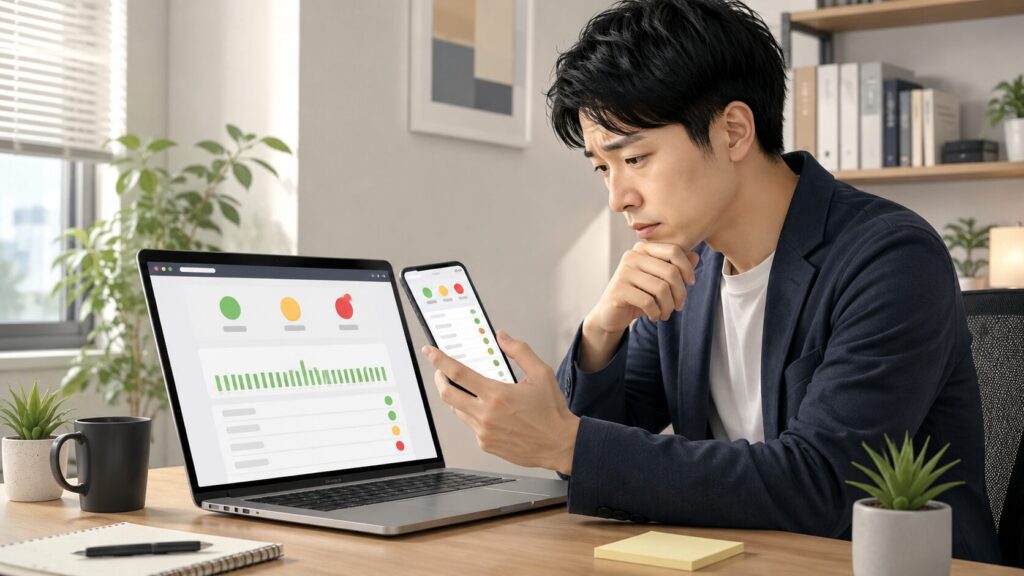 ChatGPTの障害をパソコンとスマートフォンでリアルタイム確認する男性