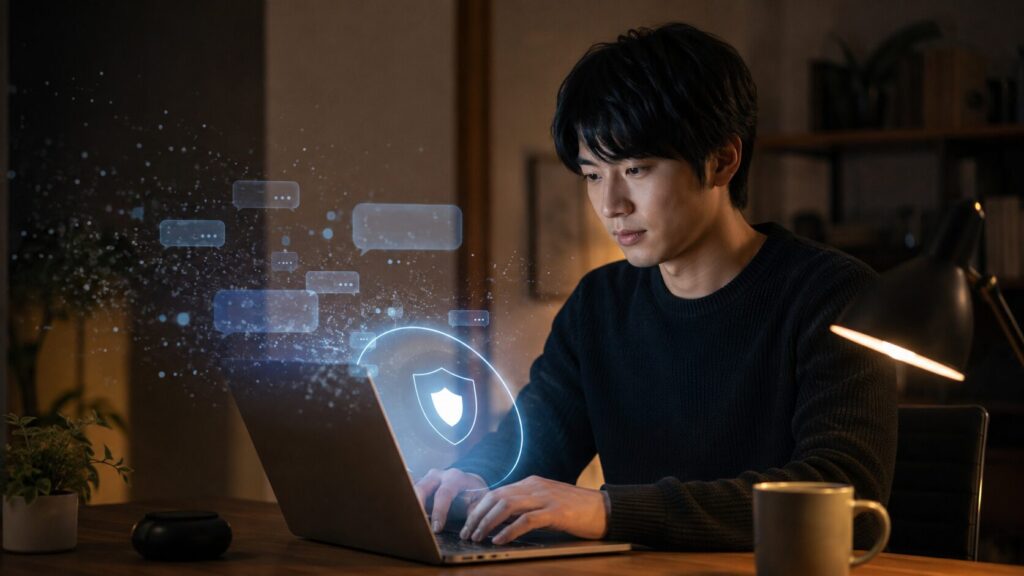 ChatGPTの一時チャットとプライバシー保護を示す日本人男性