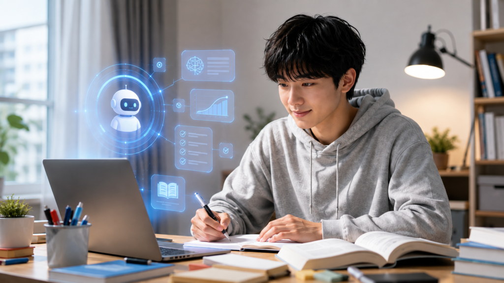 AI学習ツールを活用して勉強する日本人大学生