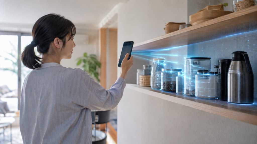 Gemini Liveのカメラ共有でキッチン用品を確認する日本人女性