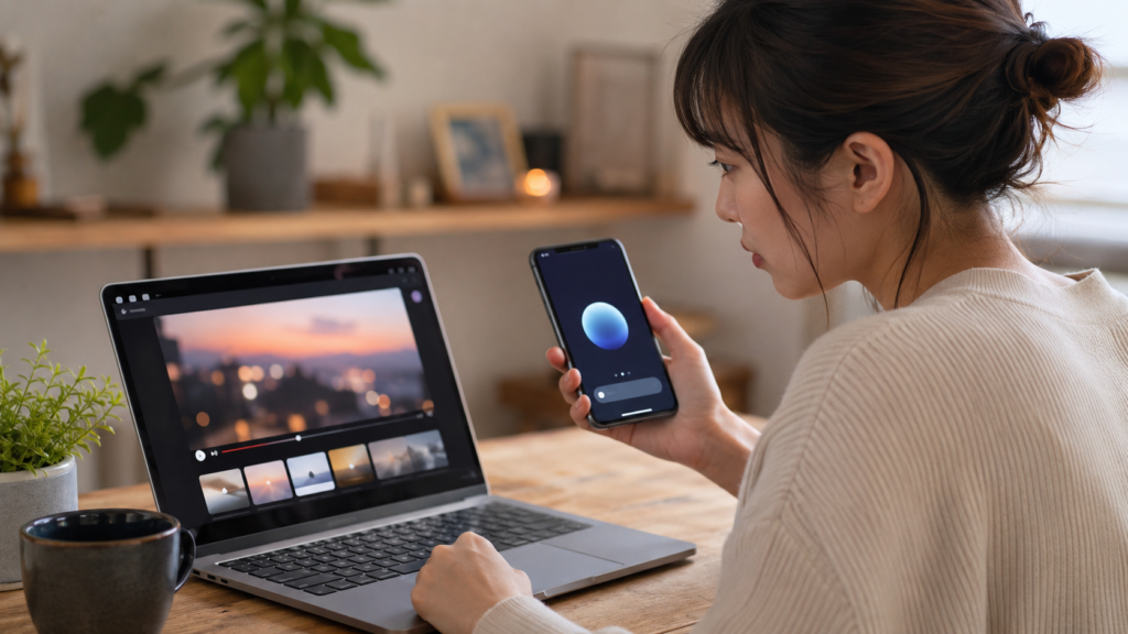 スマホのGeminiでYouTube動画について質問する日本人女性