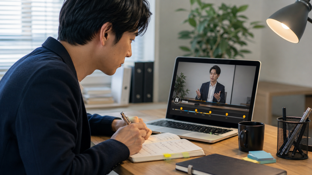 GeminiのYouTube要約後に元動画を確認しながらメモを取る男性