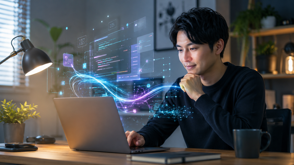 GrokでAIコーディングを行う日本人エンジニアのイメージ