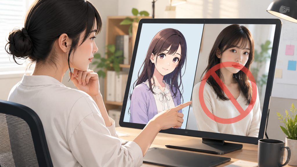 PixAIのアニメ調と実写風モデルの制限の違いを確認する日本人女性