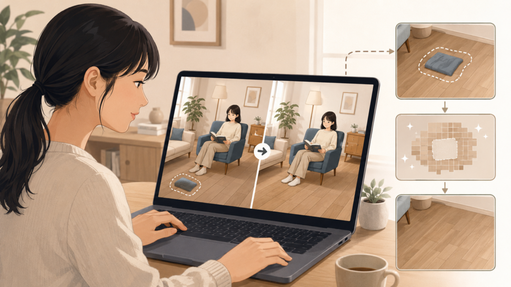 PixAIのインペイントで背景の不要物を削除し床を自然に補完する例