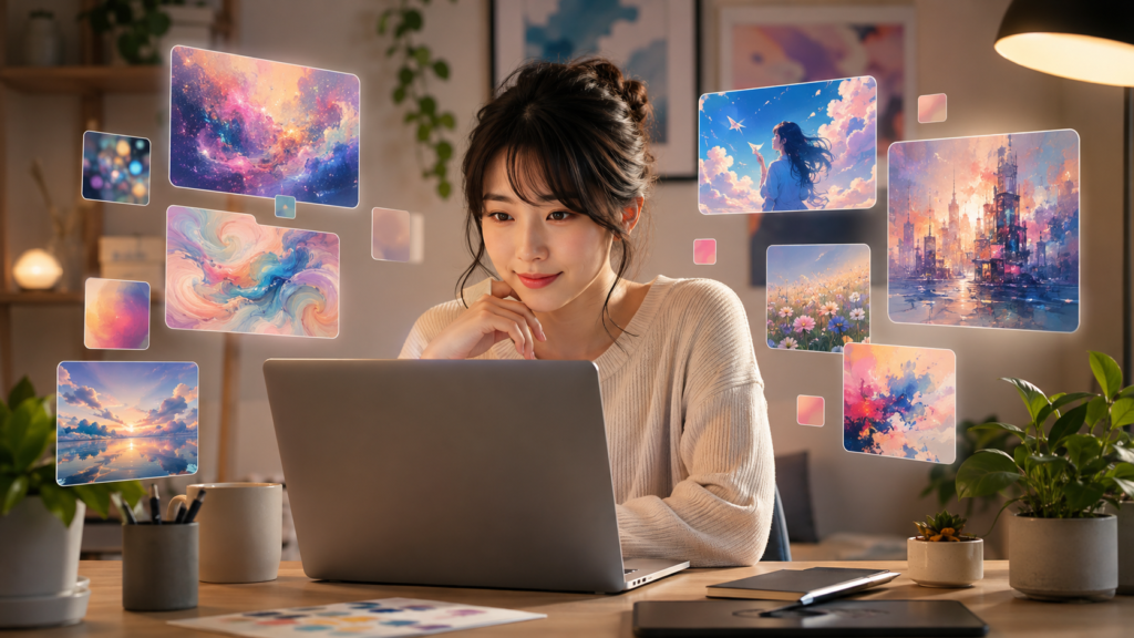 PixAIの日本語プロンプトでAI画像を生成するイメージ