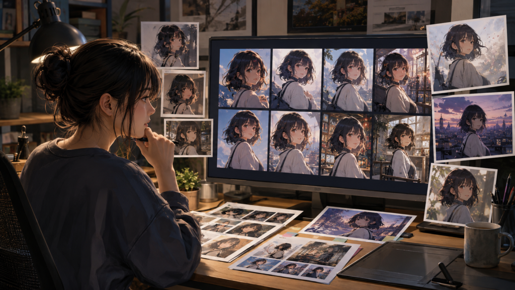 LoRAで同じAIキャラクターの特徴を安定させて比較する制作イメージ