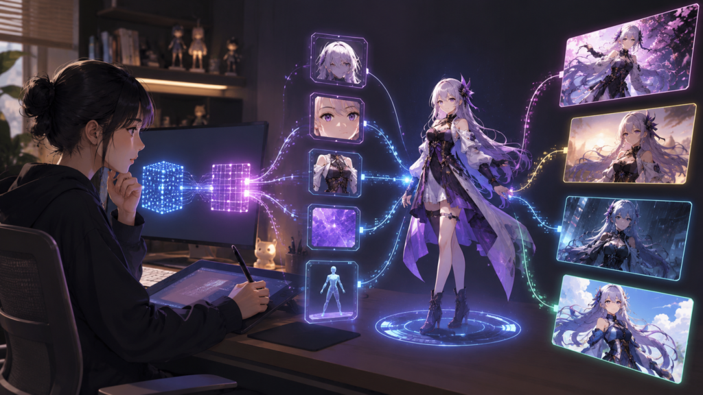 LoRAでキャラクターの髪型や衣装などの特徴を追加するイメージ