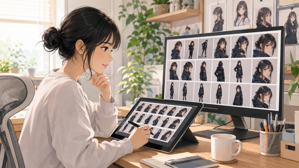 PixAIのLoRA学習用データセット画像を確認する女性