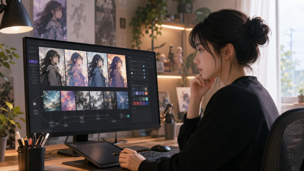 PixAIでLoRAを使いアニメ画像の生成結果を調整する様子