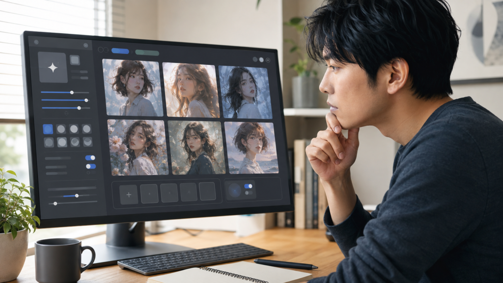 PixAIのLoRA設定を比較しながら生成結果を確認する日本人男性