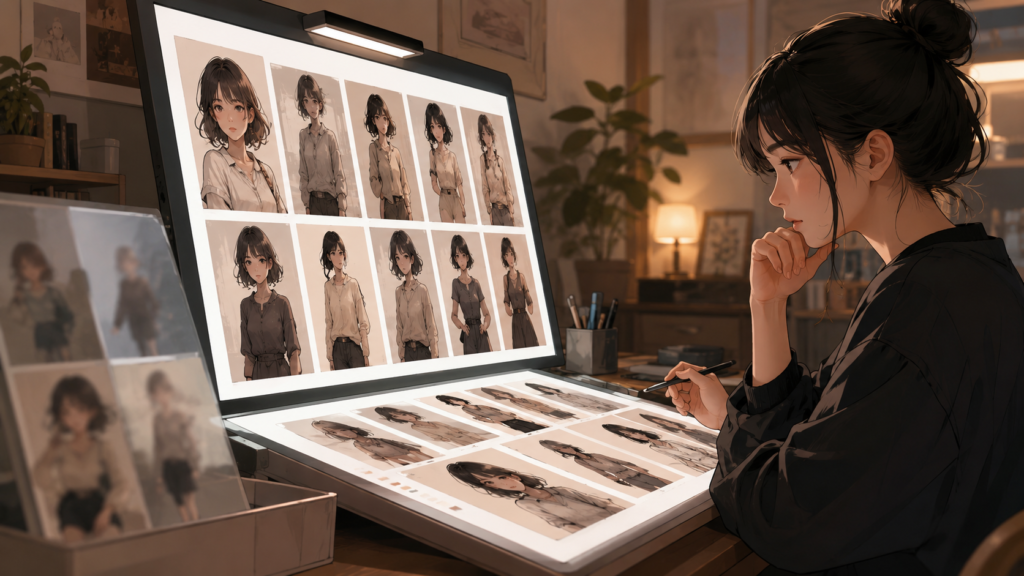 PixAI LoRA学習用のキャラクター画像を選別する様子