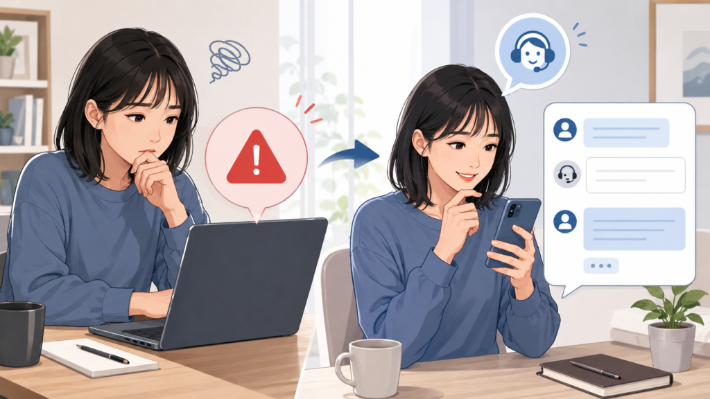 PixAIのLoRA学習失敗をサポートへ問い合わせる女性