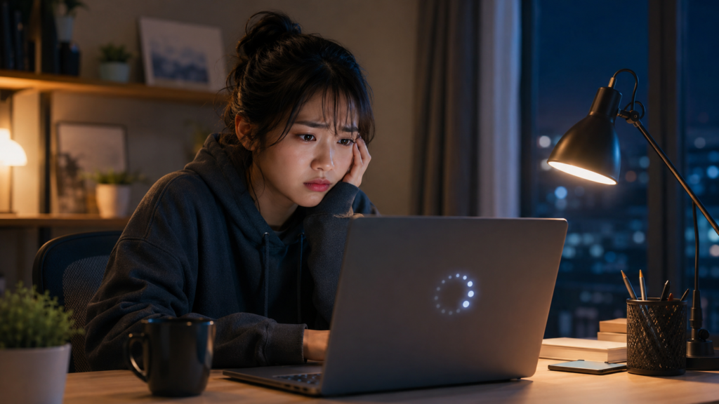 PixAIのLoRA学習待ちが終わらずパソコンを確認する女性