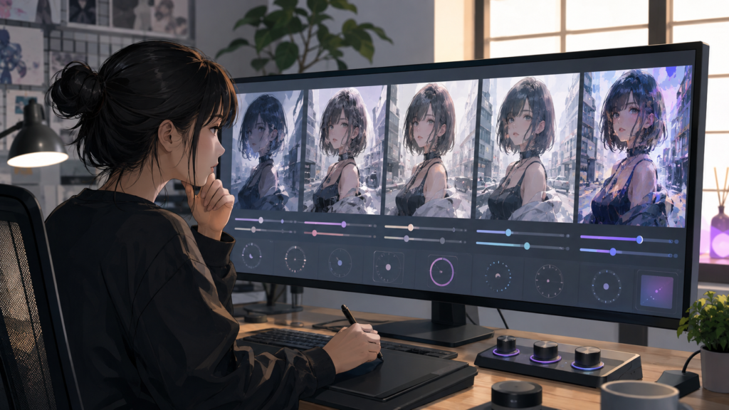 PixAI LoRAのウェイトを変えて生成結果を比較する様子
