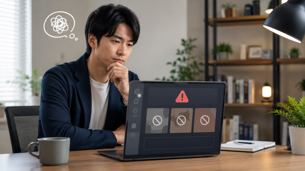 PixAIのプロンプト違反による生成制限画面を確認する日本人男性