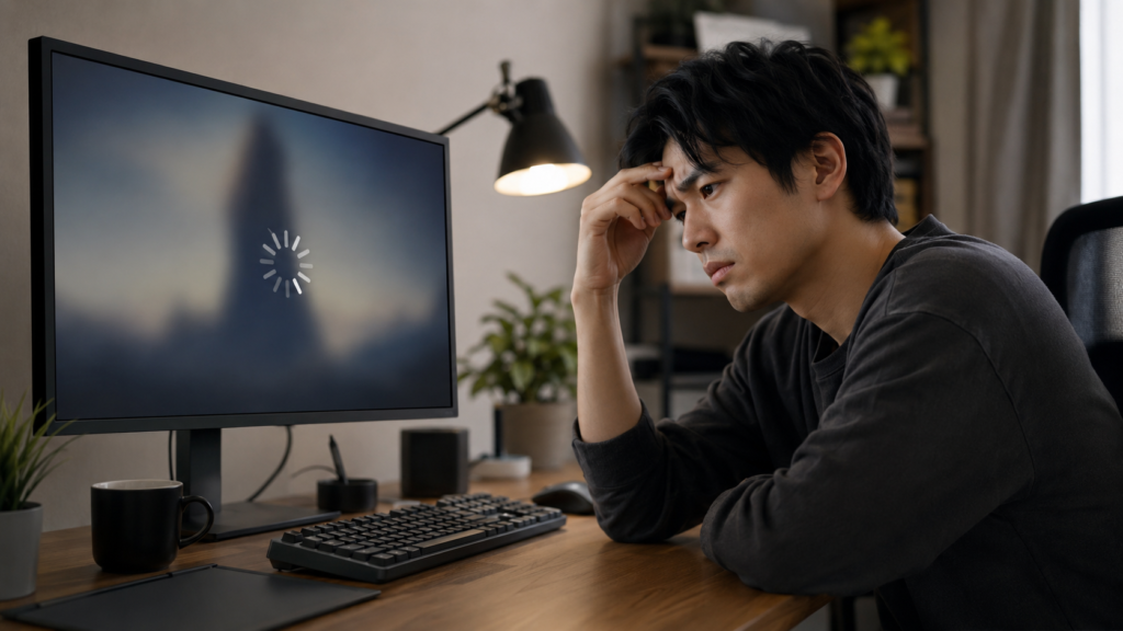 PixAIの画像生成が遅く読み込み完了を待つ日本人男性