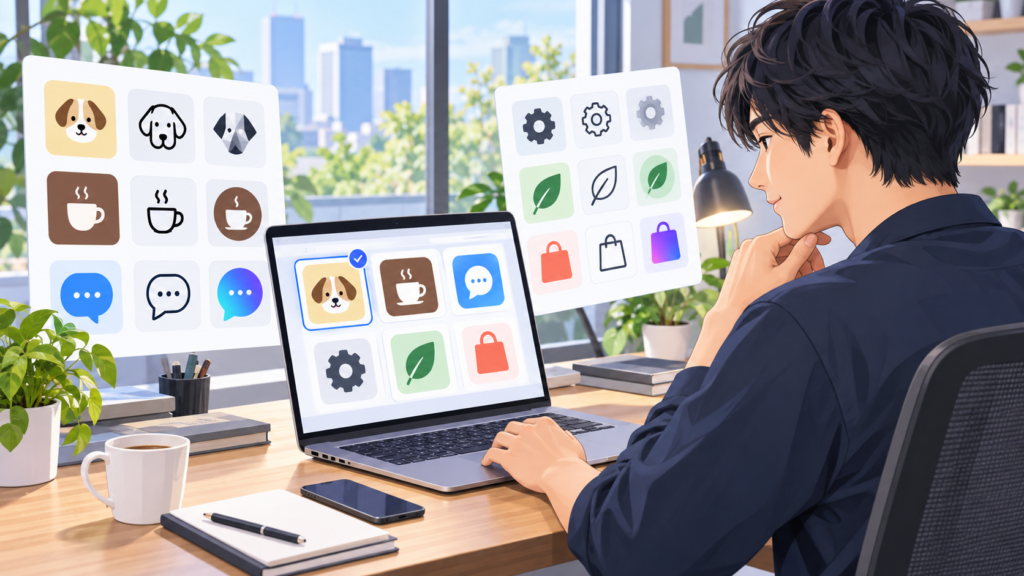 AIアイコン作成ツールで複数のアイコンデザインを比較する様子