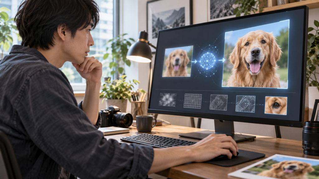 AIが低解像度の写真を解析して高画質化する仕組みのイメージ