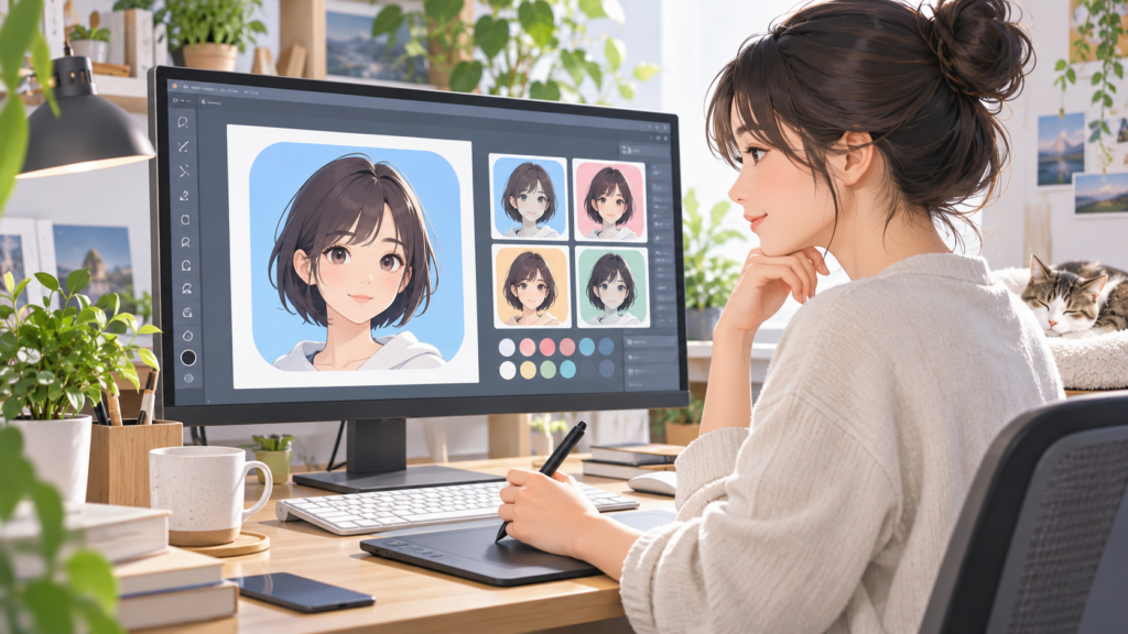 AIでSNSプロフィールアイコンの色やデザインを編集する日本人女性