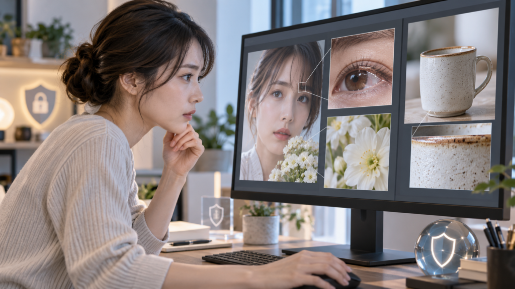 AI高画質化後の人物写真や細部を拡大して確認する日本人女性