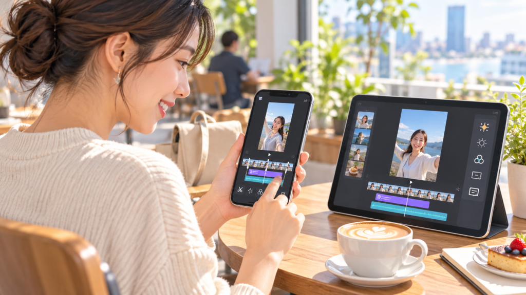 スマホとタブレットでSNS向けAI動画編集を行う日本人女性