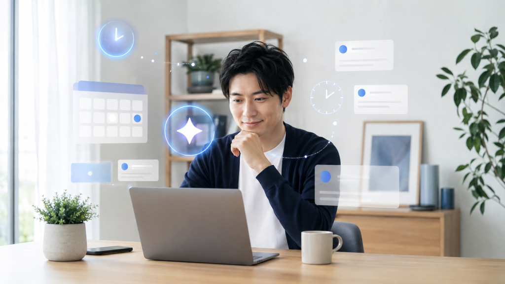 Geminiの時間指定アクションをパソコンで設定する日本人男性と時計・カレンダーのイメージ