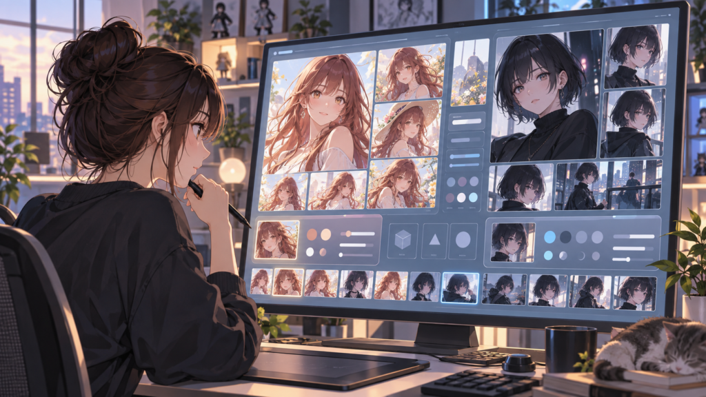 PixAIで二人のキャラクター生成結果を比較しながらモデルや設定を調整する様子
