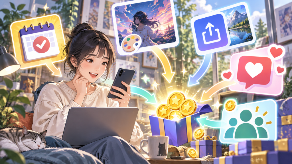 PixAIで作品投稿やSNS共有などから無料クレジットを稼ぐ方法のイメージ