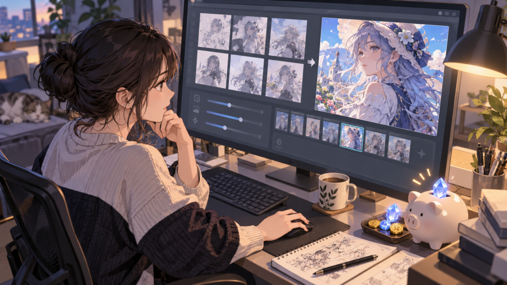 PixAIで生成設定を調整しながらクレジット消費を抑えてAIイラストを作る様子