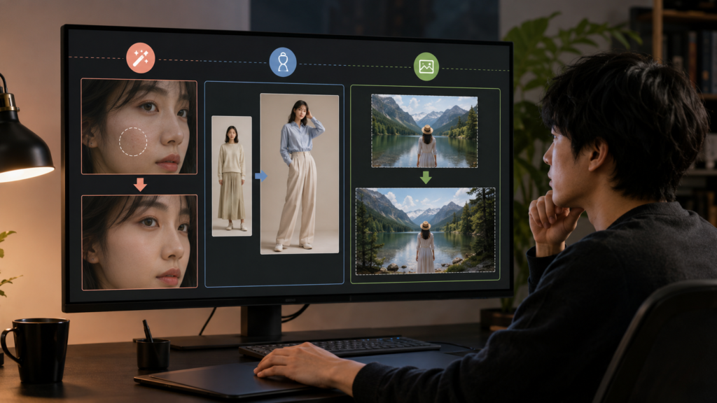 PixAIのインペイントや参照画像編集など画像編集方法を比較するイメージ