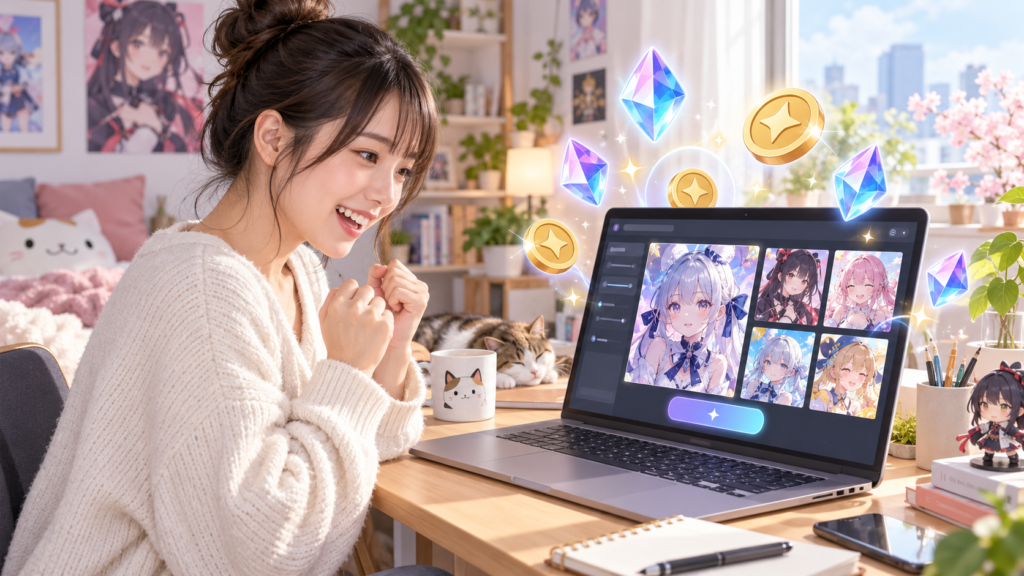 PixAIでAIイラストを生成しながら無料クレジットを活用するイメージ