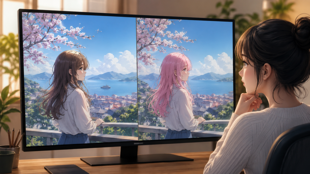 PixAIの画像編集でキャラクターの髪色だけを変更した比較イメージ