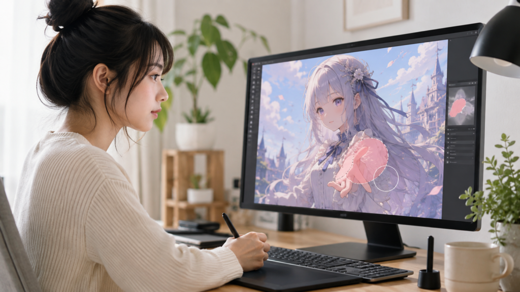 PixAIの画像編集でアニメイラストの一部分を修正するイメージ