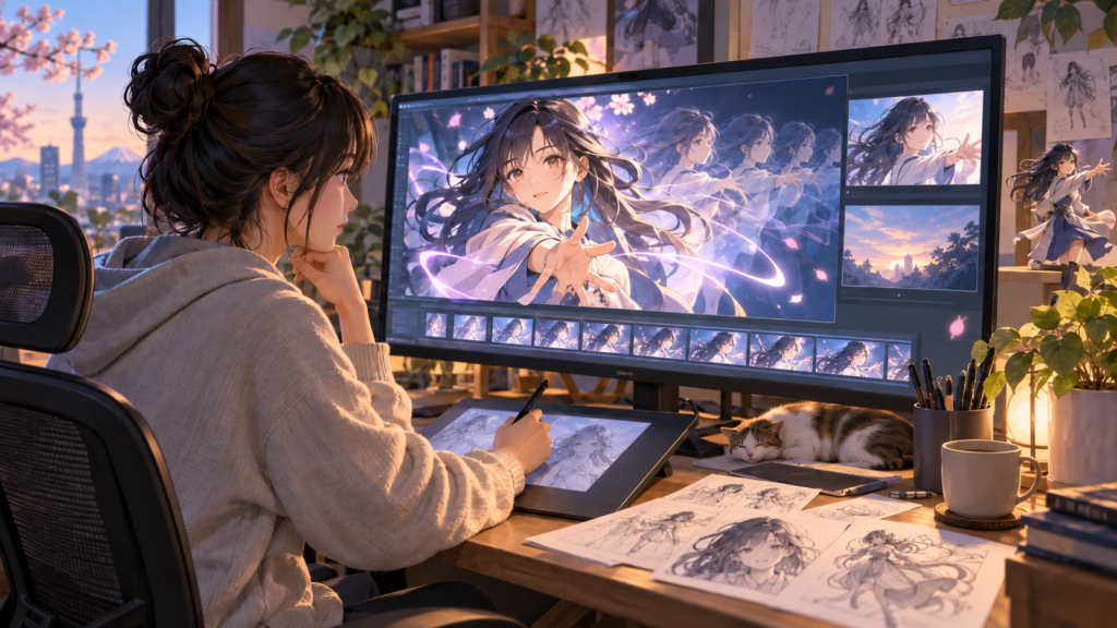 PixAIの動画生成でアニメイラストを動かす制作イメージ