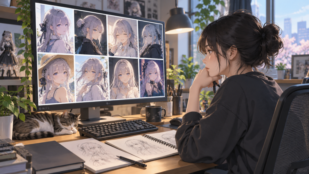 PixAIのキャラクターLoRA学習用に同一人物の画像を選ぶ様子