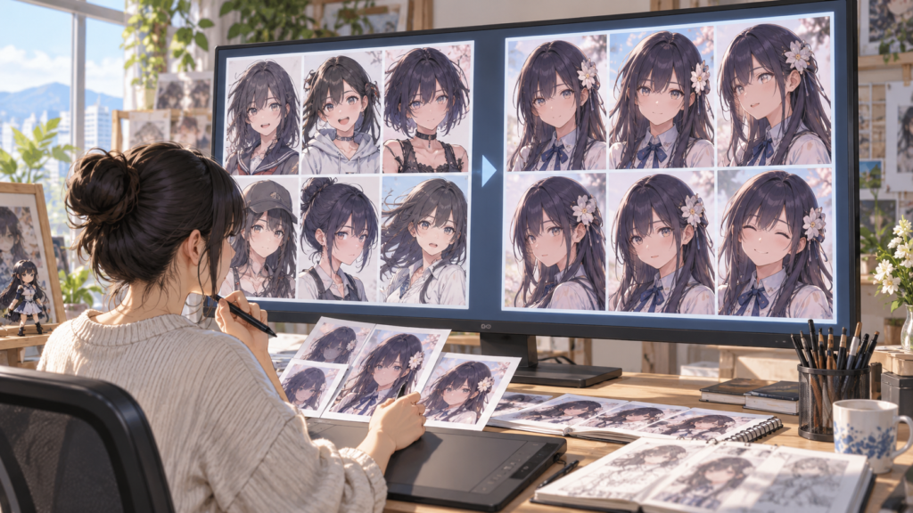 PixAIのLoRA学習前後でキャラクターの一貫性を比較する様子