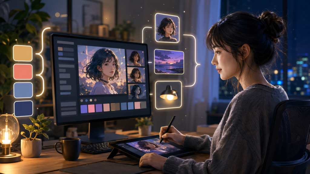 PixAIプロンプトの人物や背景、色を整理して強調を調整する画像生成画面