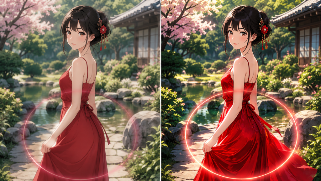 PixAIプロンプトの重み付けで赤いドレスの強調前後を比較した生成画像
