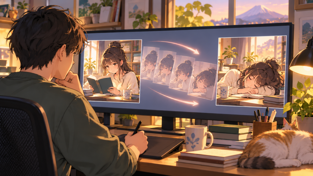 PixAIの開始フレームと終了フレームで動画を生成するイメージ