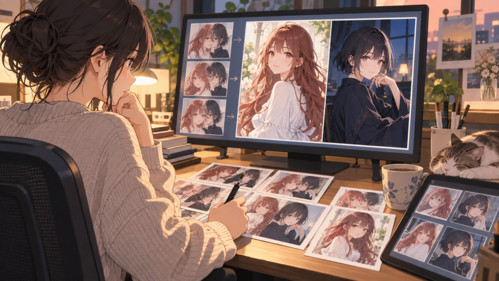 PixAIで二人のキャラクターの生成結果を見比べて特徴の違いを調整する制作風景