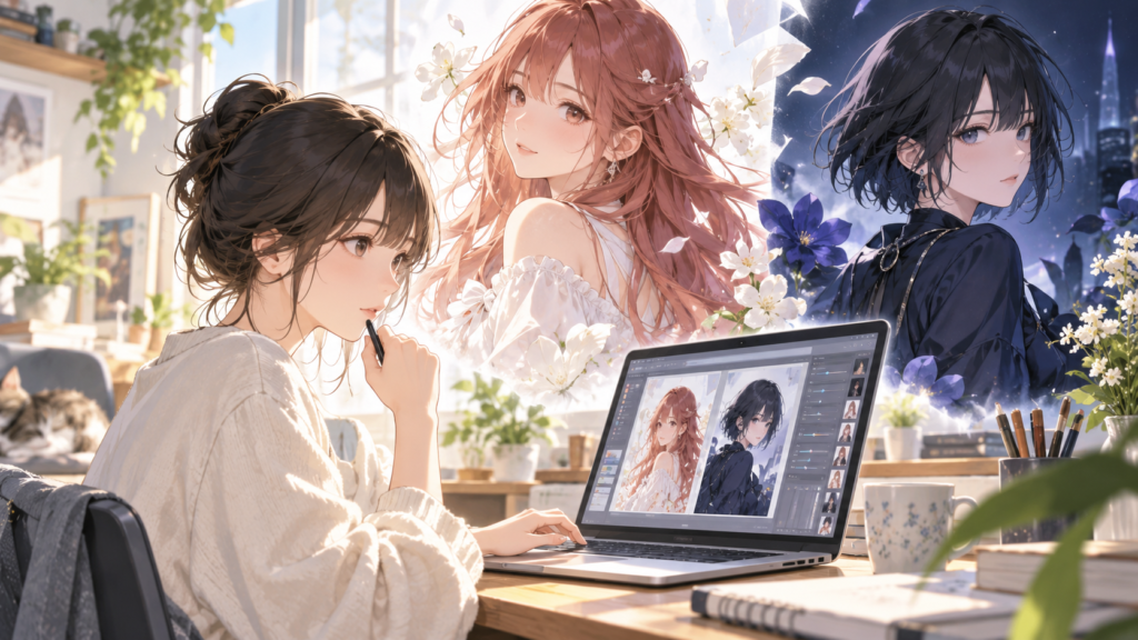 PixAIで特徴の異なる二人のアニメキャラクターを描き分ける画像生成イメージ